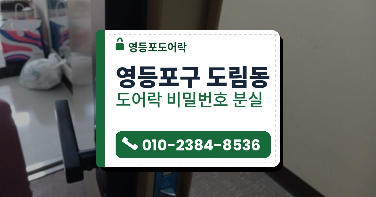 영등포구 도림동 출장 — 열어 둔 문 옆면의 파란 필름 붙은 걸쇠판과 검은 레버형 도어락 본체, 양쪽 검은 레버