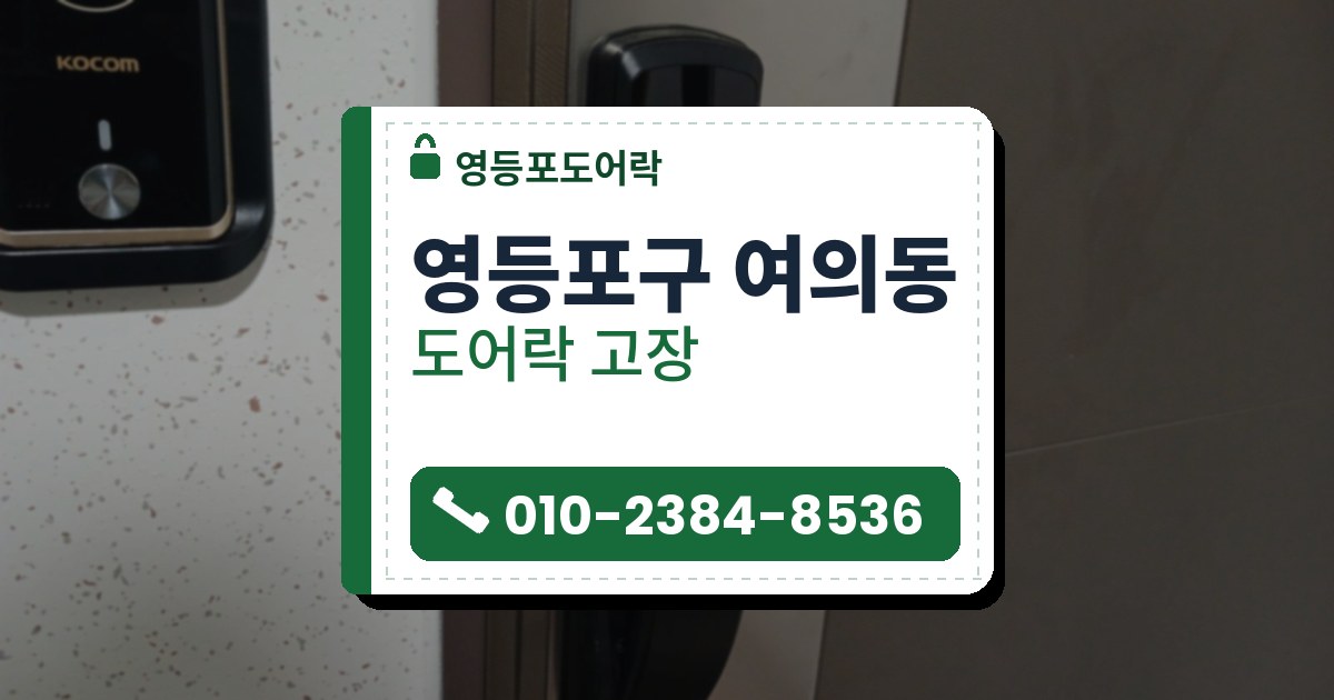 영등포구 여의동 출장 — 은회색 금속 띠가 붙은 문에 달린 검은 푸시풀 도어락, 왼쪽 벽의 렌즈 달린 장치